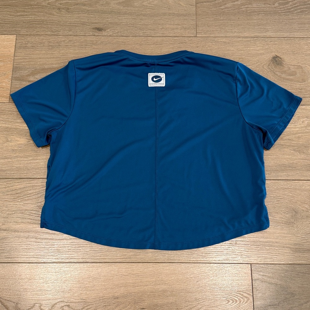 NIKE Teal Blue Dri-Fit One Icon Clash Cropped Short Sleeve T-Shirt Top‎ Size L - Picture 3 of 13